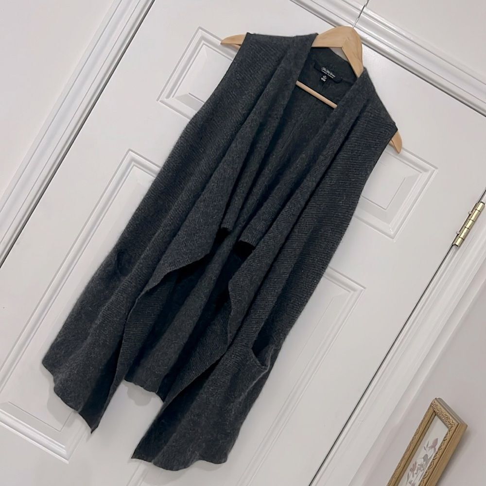 Saks Fifth Avenue Womens Gray Cashmere Pockets Open Front Drape Vest Sweater S